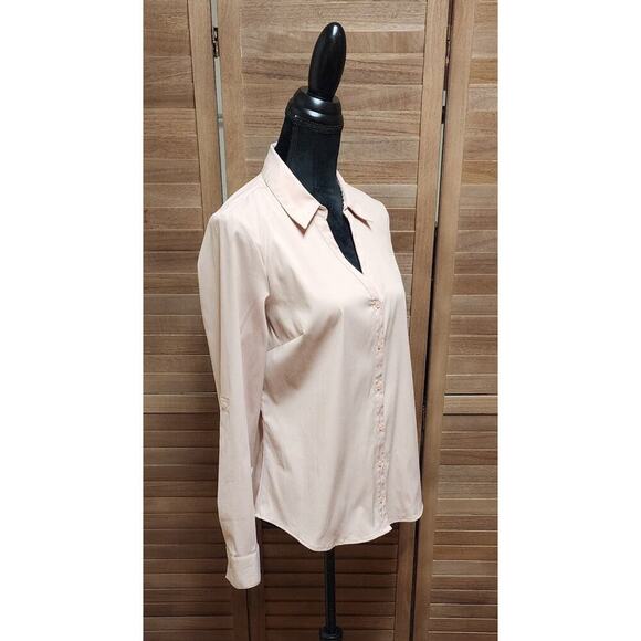 Elle Medium M Light Pink Roll Tab Sleeve Button-Up Career Business Casual Blouse - Picture 2 of 7